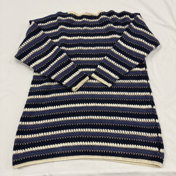 Vintage Segue Womens Sweater Tunic Long Striped Crochet Fisherman Ribbon Blue - Picture 9 of 10